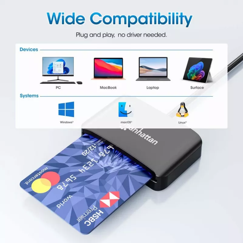 Lector de tarjetas de chip por contacto USB-C Manhattan con ranura microSD, conector macho USB Type-C a interfaz de lector por contacto y microSDXC, compatible con Windows, macOS y Linux, lee tarjetas SIM con adaptador, cable de 1 m, Negro, tres años de garantía