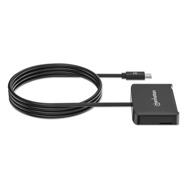 Lector de tarjetas de chip por contacto USB-C Manhattan con ranura microSD, conector macho USB Type-C a interfaz de lector por contacto y microSDXC, compatible con Windows, macOS y Linux, lee tarjetas SIM con adaptador, cable de 1 m, Negro, tres años de garantía