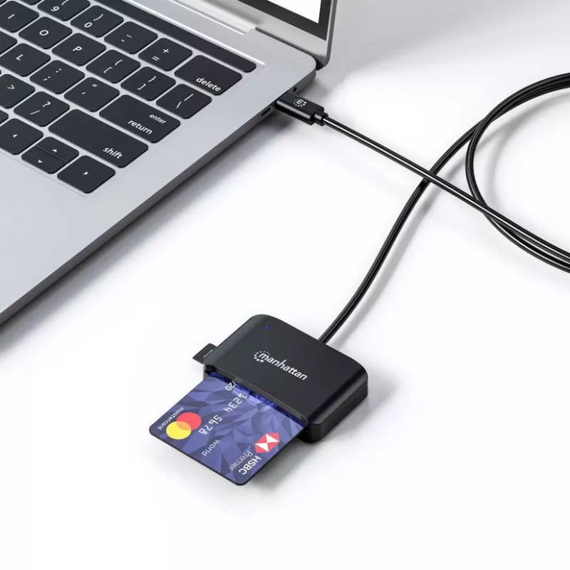 Lector de tarjetas de chip por contacto USB-C Manhattan con ranura microSD, conector macho USB Type-C a interfaz de lector por contacto y microSDXC, compatible con Windows, macOS y Linux, lee tarjetas SIM con adaptador, cable de 1 m, Negro, tres años de garantía