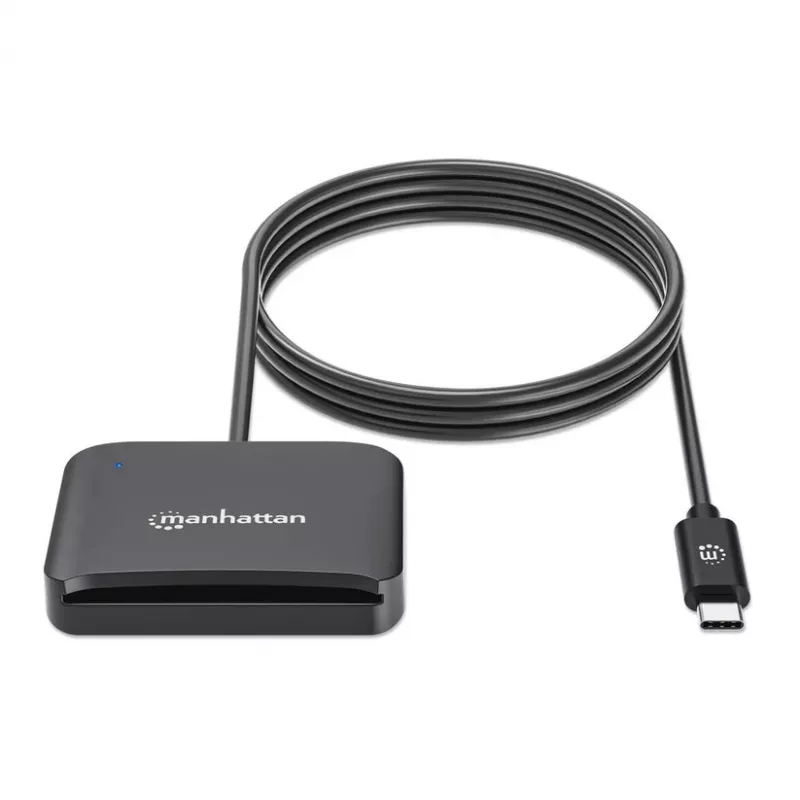 Lector de tarjetas de chip por contacto USB-C Manhattan con ranura microSD, conector macho USB Type-C a interfaz de lector por contacto y microSDXC, compatible con Windows, macOS y Linux, lee tarjetas SIM con adaptador, cable de 1 m, Negro, tres años de garantía