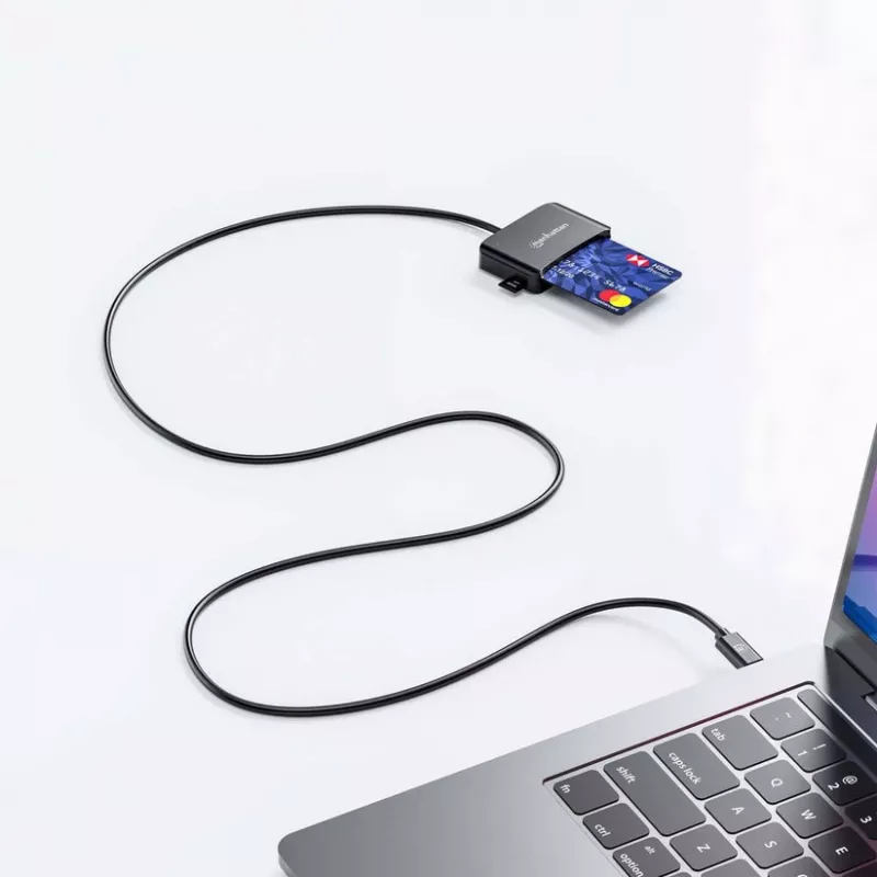 Lector de tarjetas de chip por contacto USB-C Manhattan con ranura microSD, conector macho USB Type-C a interfaz de lector por contacto y microSDXC, compatible con Windows, macOS y Linux, lee tarjetas SIM con adaptador, cable de 1 m, Negro, tres años de garantía