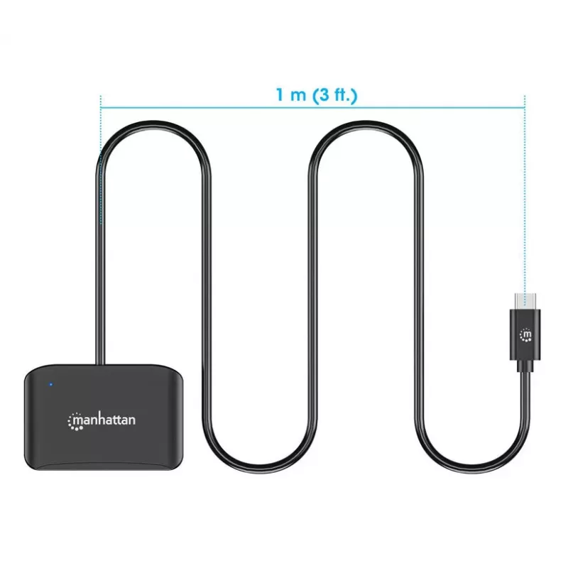 Lector de tarjetas de chip por contacto USB-C Manhattan con ranura microSD, conector macho USB Type-C a interfaz de lector por contacto y microSDXC, compatible con Windows, macOS y Linux, lee tarjetas SIM con adaptador, cable de 1 m, Negro, tres años de garantía