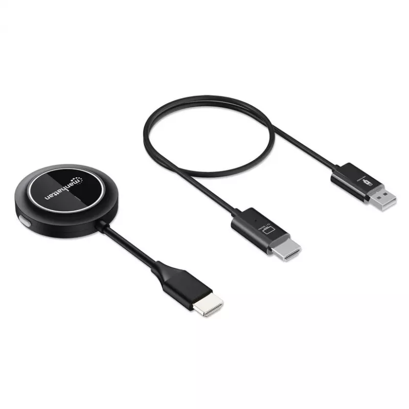 Kit de presentación inalámbrico HDMI 1080p Manhattan, set de 2 piezas con receptor HDMI y dongle transmisor HDMI para la transmisión inalámbrica de una señal de vídeo desde un portátil/tablet/smartphone a un televisor o proyector HDMI, Negro
