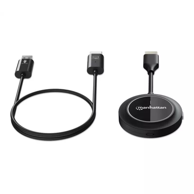 Kit de presentación inalámbrico HDMI 1080p Manhattan, set de 2 piezas con receptor HDMI y dongle transmisor HDMI para la transmisión inalámbrica de una señal de vídeo desde un portátil/tablet/smartphone a un televisor o proyector HDMI, Negro