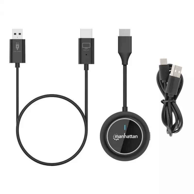 Kit de presentación inalámbrico HDMI 1080p Manhattan, set de 2 piezas con receptor HDMI y dongle transmisor HDMI para la transmisión inalámbrica de una señal de vídeo desde un portátil/tablet/smartphone a un televisor o proyector HDMI, Negro