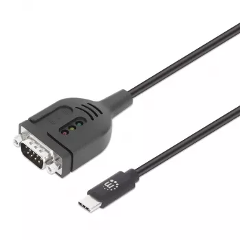 Cable convertidor USB-C a serie Manhattan, 1 m, conector macho a conector macho, serie/RS232/COM/DB9, chip Prolific PL2303GT, cable Negro, tres años de garantía