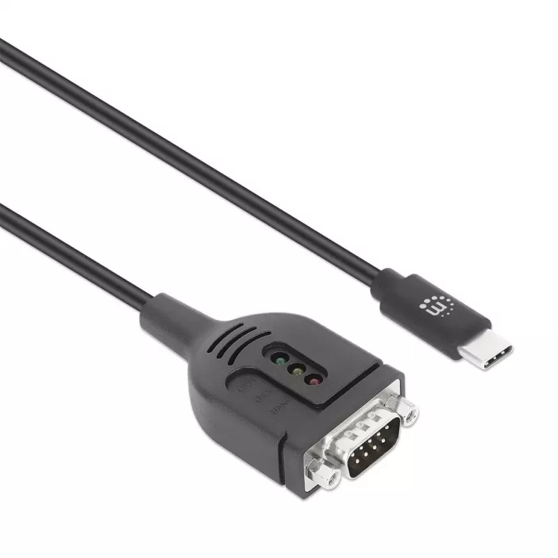 Cable convertidor USB-C a serie Manhattan, 1 m, conector macho a conector macho, serie/RS232/COM/DB9, chip Prolific PL2303GT, cable Negro, tres años de garantía