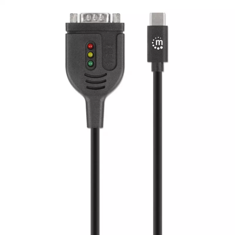 Cable convertidor USB-C a serie Manhattan, 1 m, conector macho a conector macho, serie/RS232/COM/DB9, chip Prolific PL2303GT, cable Negro, tres años de garantía