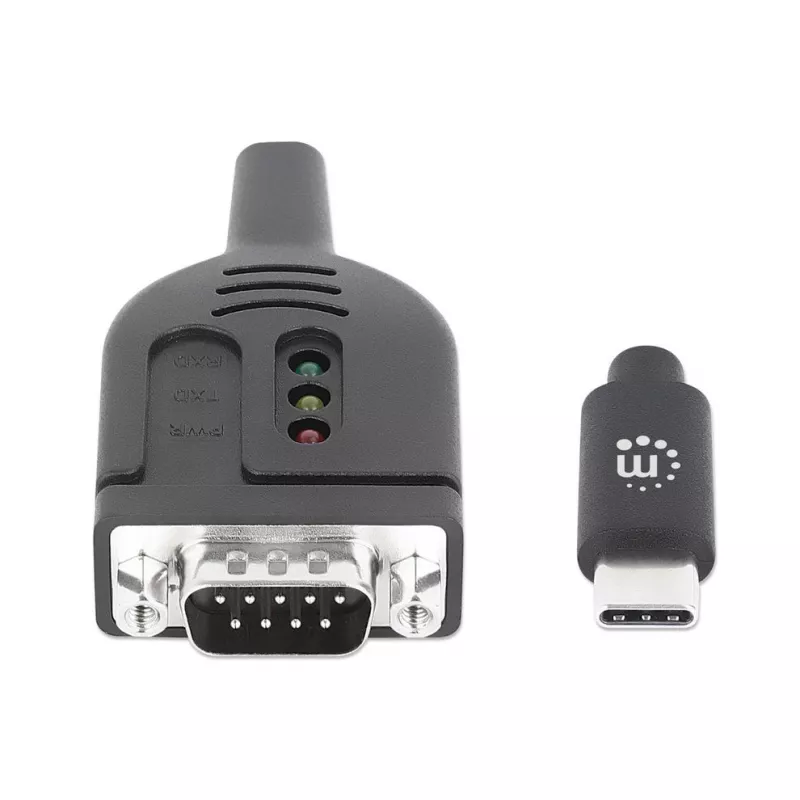 Cable convertidor USB-C a serie Manhattan, 1 m, conector macho a conector macho, serie/RS232/COM/DB9, chip Prolific PL2303GT, cable Negro, tres años de garantía