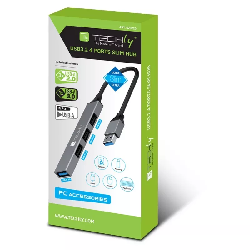 Dock para portátil/replicador de puertos Techly IUSB32-HUB4A-3U2SLS Cableado USB 3.2 Gen 1 (3.1 Gen 1) Tipo-A Gris