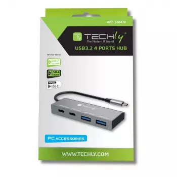 Techly IUSB32C-HUB4AC2 Dock para portátil/replicador de puertos con cable USB 3.2 Gen 1 (3.1 Gen 1) Type-C plateado