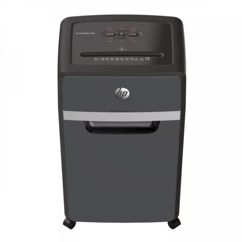 Destructora de documentos HP Pro Shredder 24CC — corte en partículas, capacidad 24 hojas, 4 x 35 mm, depósito de 30 litros, 680 W, entrada 220 mm, negro