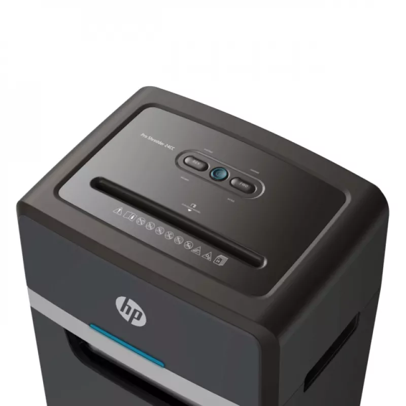 Destructora de documentos HP Pro Shredder 24CC — corte en partículas, capacidad 24 hojas, 4 x 35 mm, depósito de 30 litros, 680 W, entrada 220 mm, negro