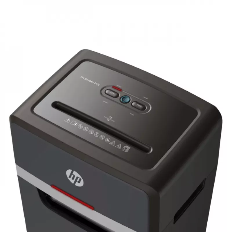 Destructora de documentos HP Pro Shredder 24CC — corte en partículas, capacidad 24 hojas, 4 x 35 mm, depósito de 30 litros, 680 W, entrada 220 mm, negro