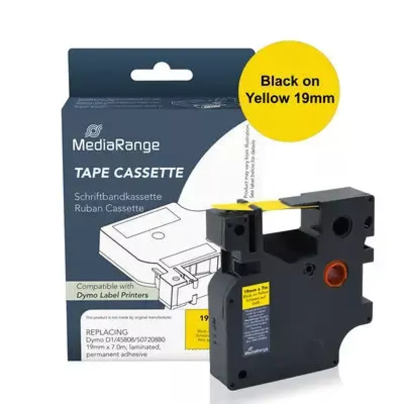 Cinta de rotulación MediaRange MRDY45808 negro sobre amarillo D1 — 19 mm x 7 m, adhesivo acrílico permanente