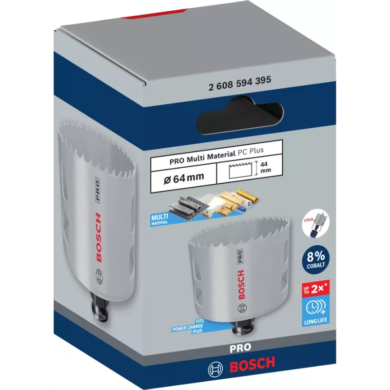 Sierra de corona Bosch PRO Multi Material PC Plus 44/64 mm — unidad suelta, 44–64 mm de diámetro, para taladro, pladur/metal/plástico/madera blanda