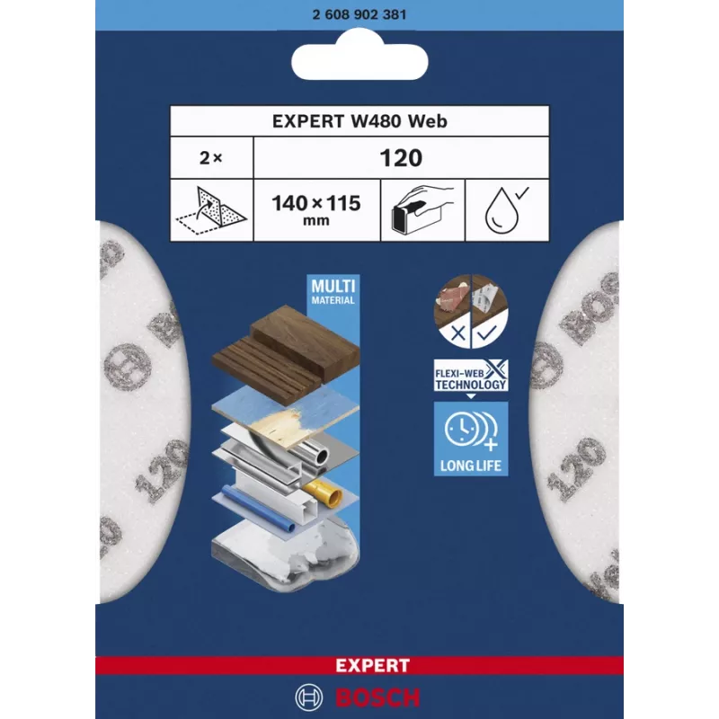 Bosch W480 Hoja de lija manual 2608902381, G120, 115 x 140 mm, 2 uds.