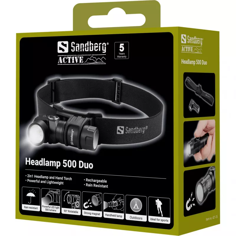 Sandberg Headlamp 500 Duo, linterna frontal, negra, aluminio, IP44, LED, 25 lm