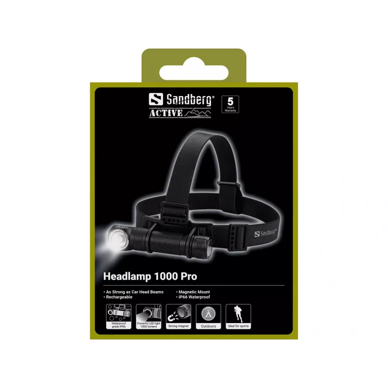 Sandberg Linterna frontal 1000 Pro, linterna de cabeza, negra, aluminio, IP66, LED, 25 lm