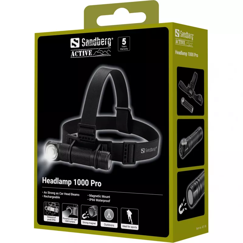Sandberg Linterna frontal 1000 Pro, linterna de cabeza, negra, aluminio, IP66, LED, 25 lm