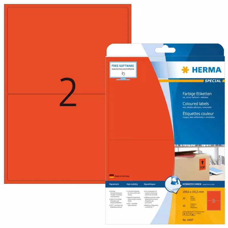 Etiqueta autoadhesiva para impresora HERMA Coloured Labels A4 199,6x143,5 mm rojo papel mate 40 uds.