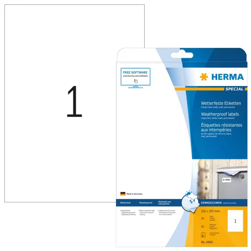 Etiqueta autoadhesiva para impresora HERMA Etiquetas inkjet A4 210x297 mm película blanca mate resistente a la intemperie 10 uds.
