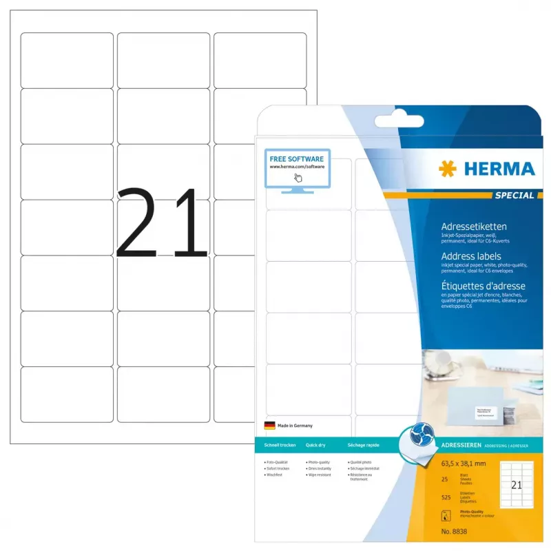 Etiquetas de dirección inkjet HERMA 8838 A4 63,5x38,1 mm 525 uds.