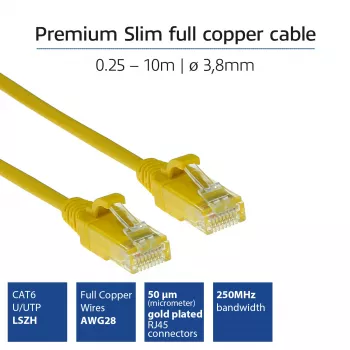 ACT Cable de red Slimline DataCenter U/UTP CAT6 LSZH amarillo de 0,25 m con conectores RJ45, sin lengüeta