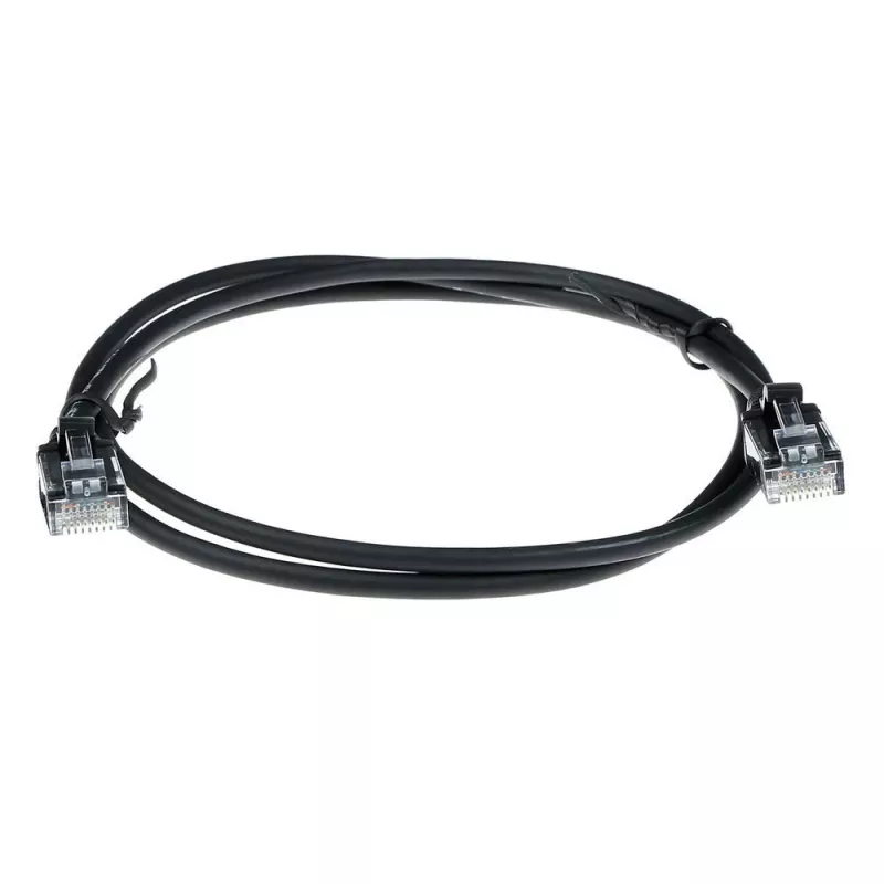 Cable de parcheo slimline para centro de datos ACT negro 10 metros LSZH U/UTP CAT6 con protección de lengüeta y conectores RJ45