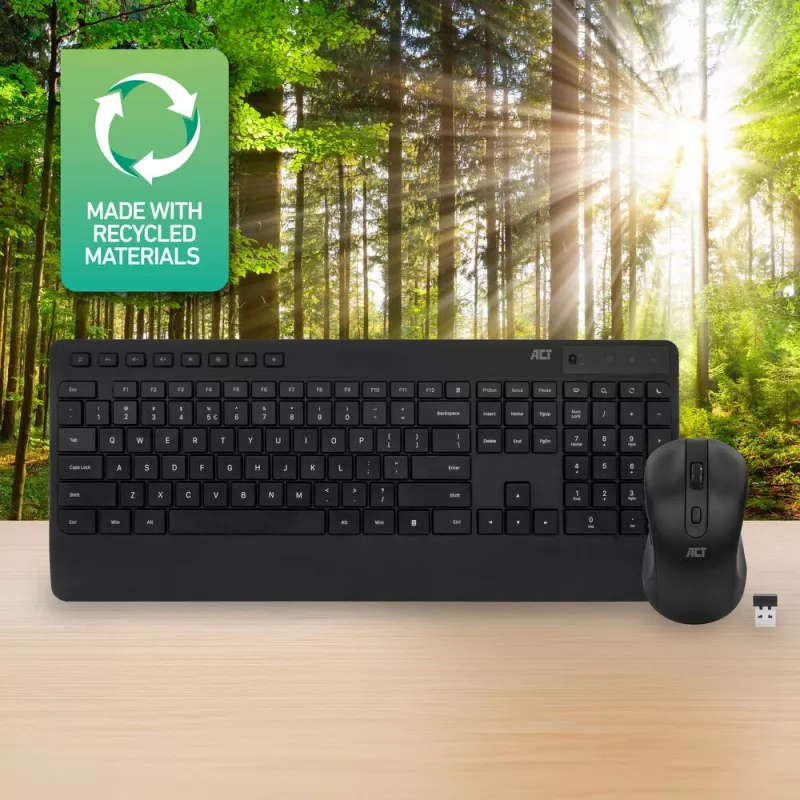 Conjunto de teclado y ratón inalámbrico ACT (Qwerty), clic silencioso, ecológico, fabricado con materiales reciclados