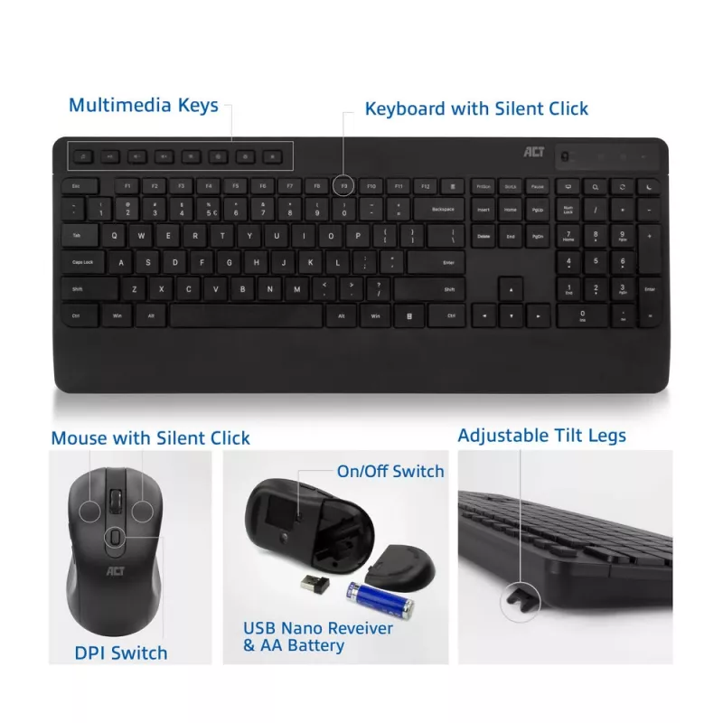 Conjunto de teclado y ratón inalámbrico ACT (Qwerty), clic silencioso, ecológico, fabricado con materiales reciclados
