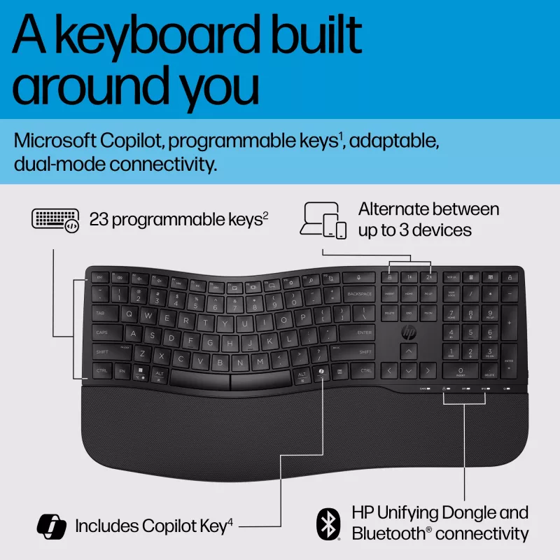 Teclado HP 680 Comfort Dual-Mode, tamaño completo (100%), inalámbrico, RF Wireless + Bluetooth, QWERTY, negro