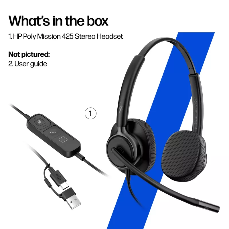 Auriculares estéreo con cable HP Poly Mission 425 USB — Bulk, peso 132 g