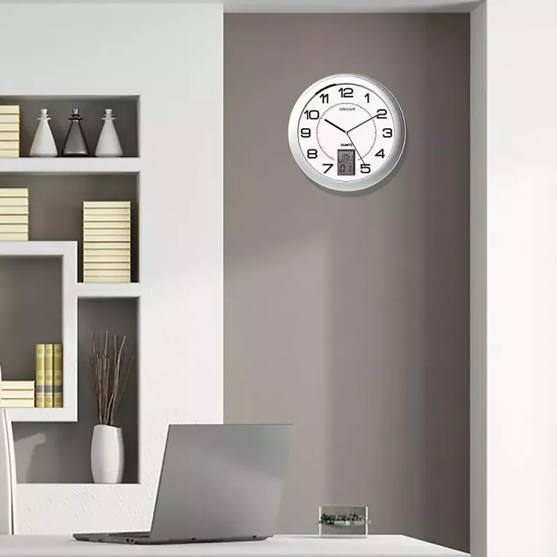 Reloj de pared/sobremesa Unilux 100340853 — cuarzo, redondo metálico plateado, Ø 31 cm, pila AA/AAA