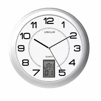 Reloj de pared/sobremesa Unilux 100340853 — cuarzo, redondo metálico plateado, Ø 31 cm, pila AA/AAA