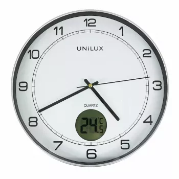 Reloj de pared/mesa Unilux 400094592 — cuarzo, redondo metalizado plateado, Ø 30 cm, pila AA/AAA