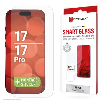 DISPLEX Smart Glass (9H) para Apple iPhone 17/17 Pro, adhesivo de montaje, irrompible