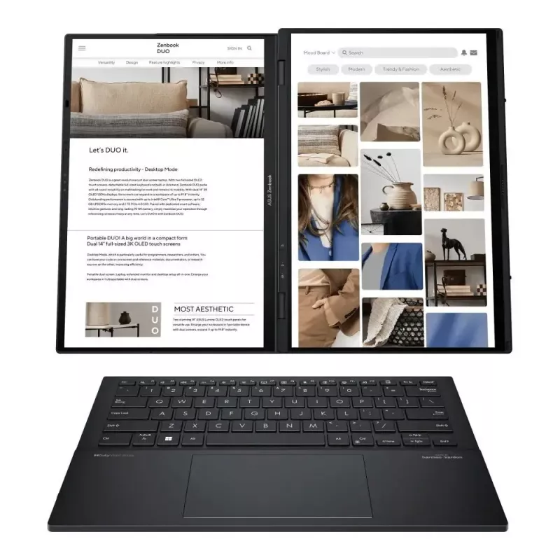 Portátil ASUS Zenbook Duo UX8406CA-QL121W — Ultra 7 2x 14,0 inch OLED FHD táctil 60 Hz, 32 GB LPDDR5X, 1 TB SSD, Intel Arc, 75 WHr, Cam 1080p