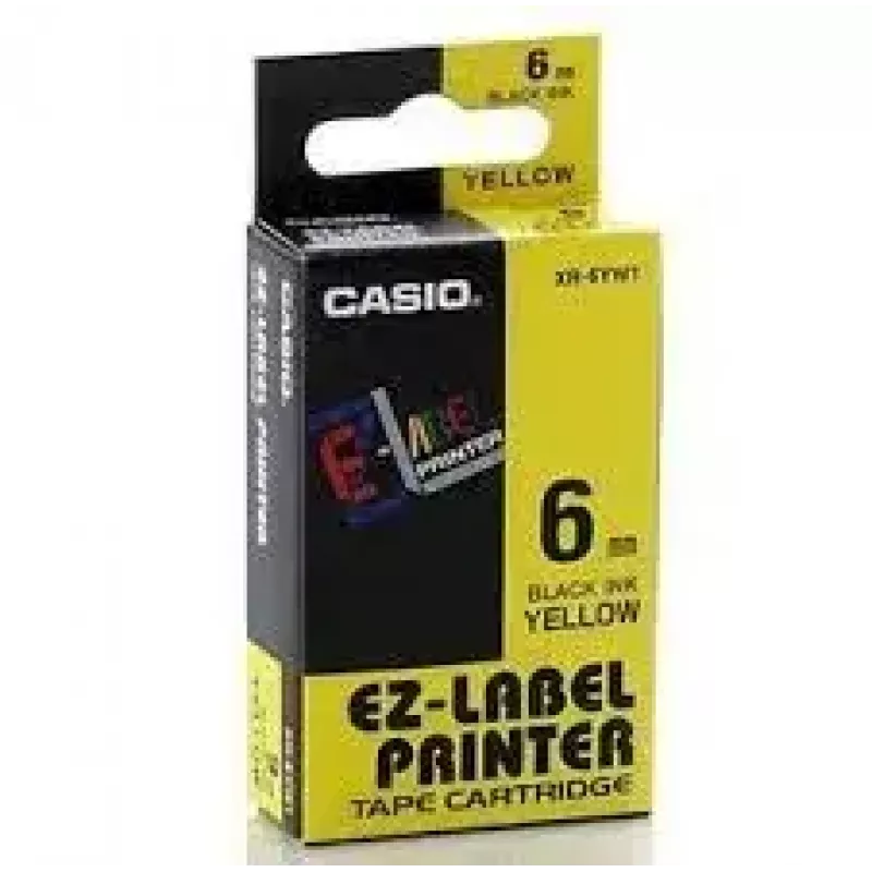 Cinta de etiquetas CASIO XR-6YW1 — 6 mm x 8 m, texto negro sobre fondo amarillo, cartucho negro
