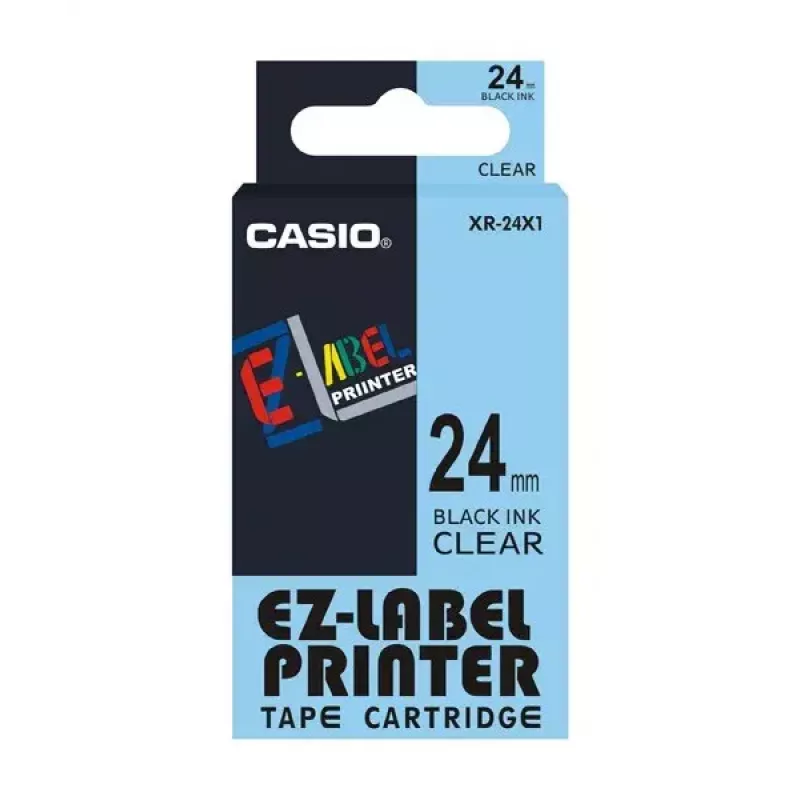 Cinta de etiquetas CASIO XR-24X1 — negro sobre transparente, 24 mm × 8 m