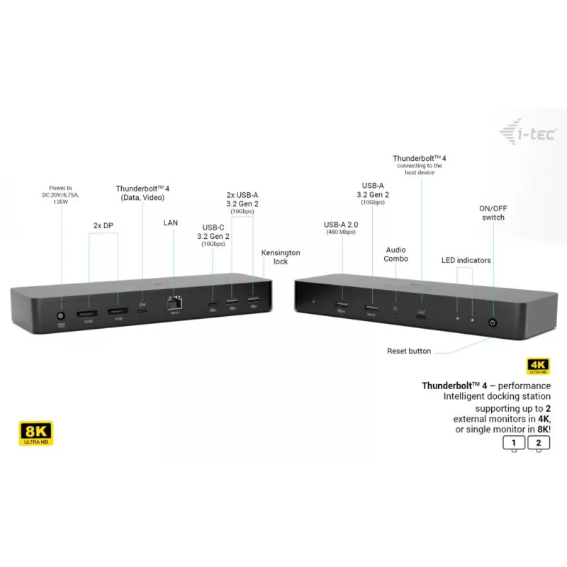 Estación de acoplamiento i-tec Thunderbolt 4 Intelligent Dual Display + Power Delivery 90 W