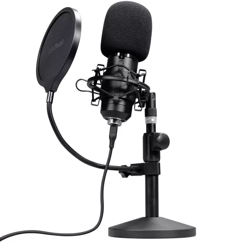 Micrófono de estudio TRUST GXT 269 Emita II — micrófono USB con cable, carcasa de metal, montaje de mesa, negro (42×162×42 mm)