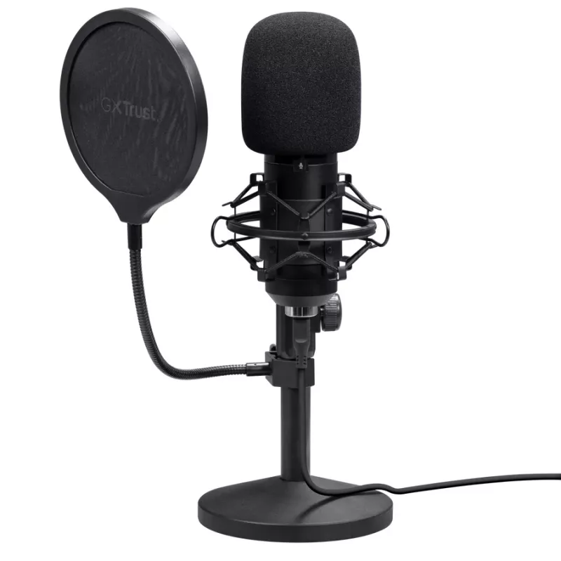 Micrófono de estudio TRUST GXT 269 Emita II — micrófono USB con cable, carcasa de metal, montaje de mesa, negro (42×162×42 mm)