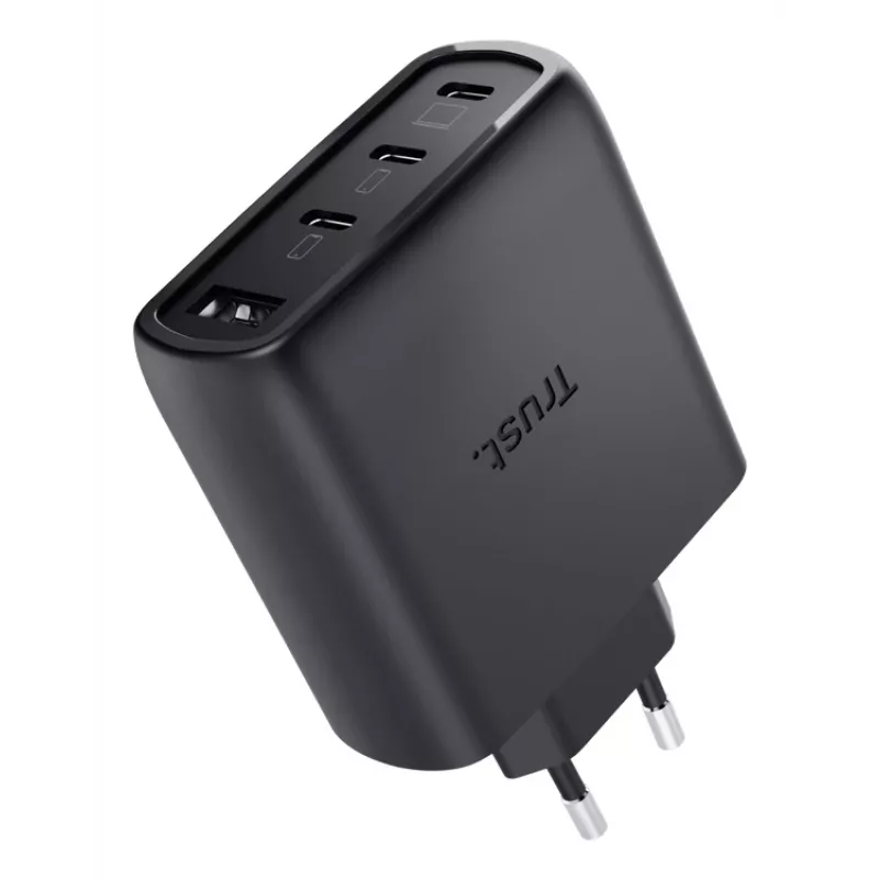 Cargador rápido de CA TRUST Maxo 65W para interiores, 3× USB-C, máx. 20V, cable de 2 m, negro