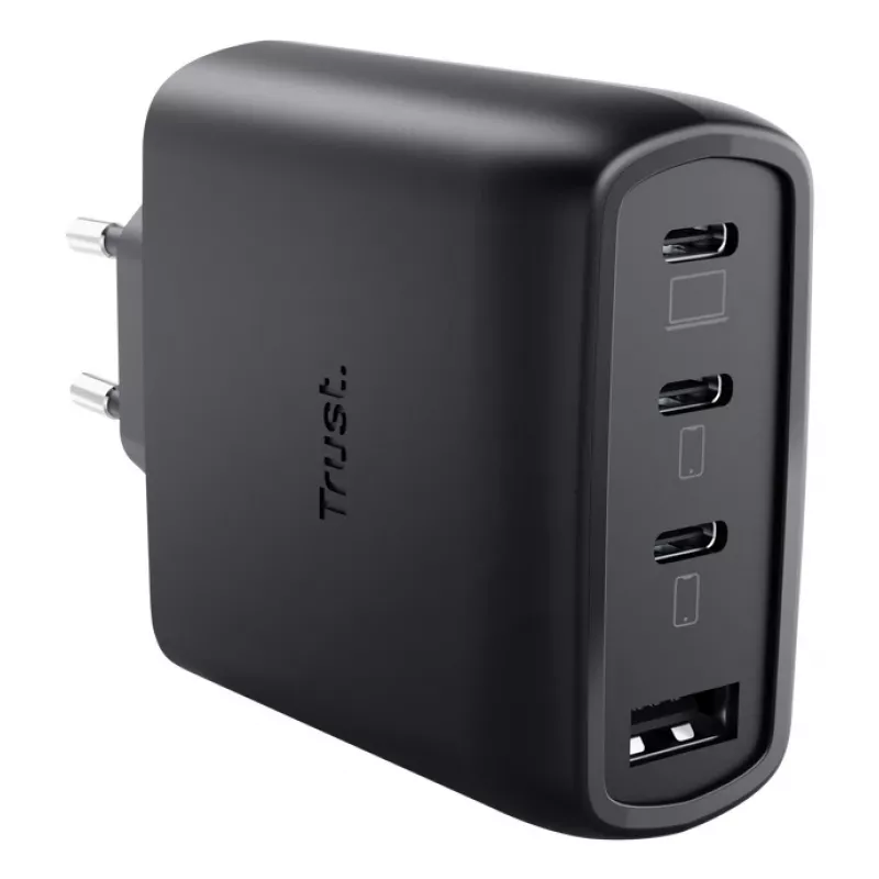 Cargador rápido de CA TRUST Maxo 65W para interiores, 3× USB-C, máx. 20V, cable de 2 m, negro