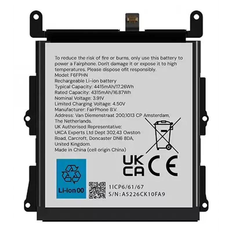 Batería Fairphone F6BATT-1ZW-WW1 negra 68,2 mm x 6,35 mm