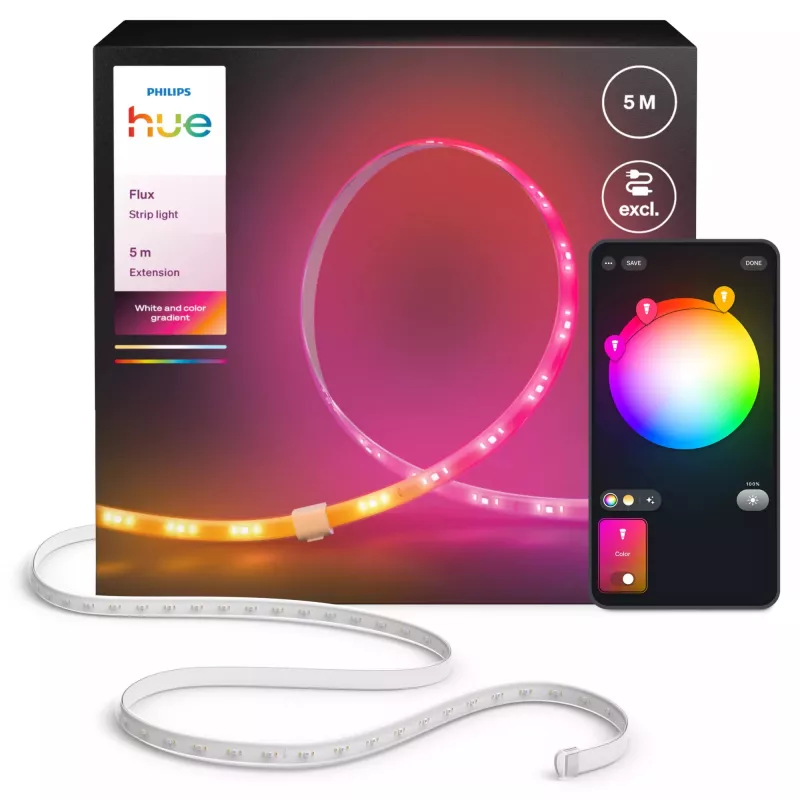 Philips Hue Flux extensión de tira de luz 5 m, tira de luz inteligente, Bluetooth/Zigbee, blanco, silicona, multicolor, 48 W