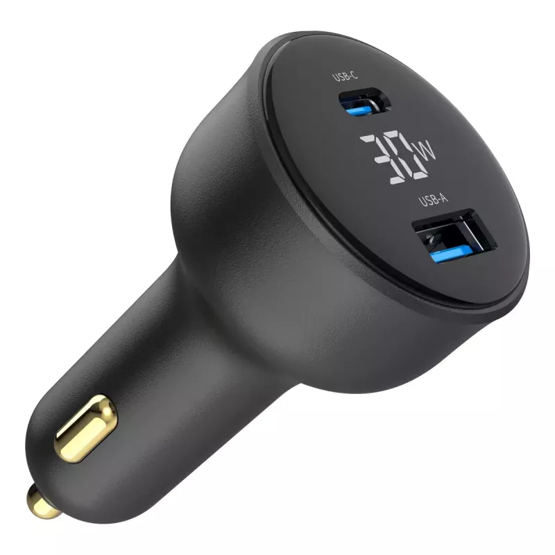 Cargador para coche Gembird TA-UC-AC2PD30LCD-CAR-01, USB-C, 30 W, 12–24 V, negro