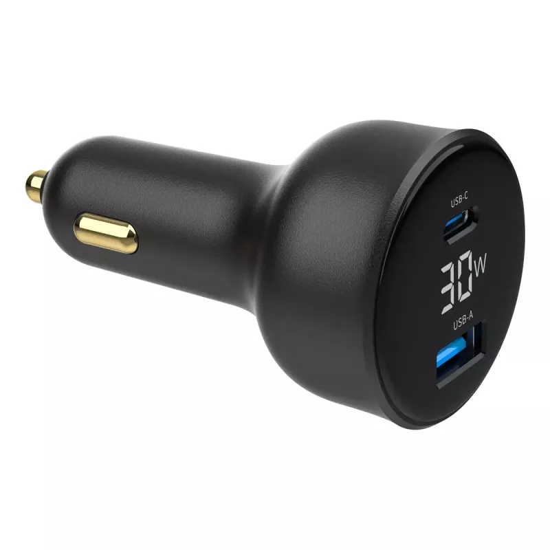 Cargador para coche Gembird TA-UC-AC2PD30LCD-CAR-01, USB-C, 30 W, 12–24 V, negro
