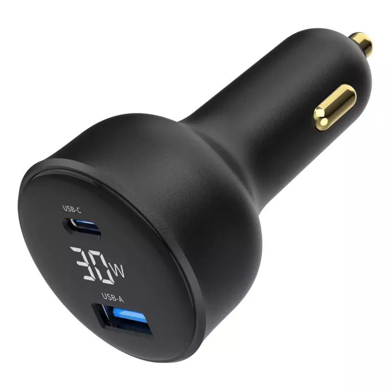 Cargador para coche Gembird TA-UC-AC2PD30LCD-CAR-01, USB-C, 30 W, 12–24 V, negro